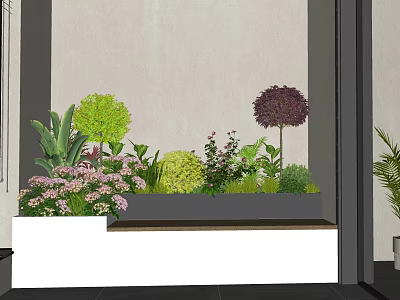 Bonsai Potted Plants With Various Green Purple Flowers In White Rectangular Planter Against Gray Wall 3d model