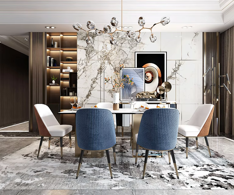 Modern Dining Table Set With Blue White Chairs And Marble Wall Decor 3d model