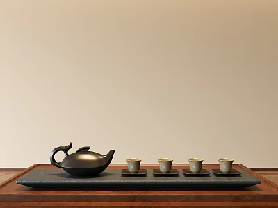 Minimalist Traditional Tea Set With Black Teapot And Four Teacups On Wooden Tray 3d model