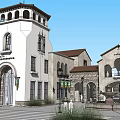 Mediterranean Style Commercial Street With Arched Windows Red Rooftops And Green Trees