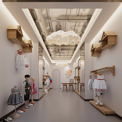 Kids Clothing Store Interior Featuring Cloud Pendant Lights Wooden Racks And Dresses On Child Mannequins 3d model