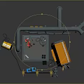 Industrial Mechanical Equipment Setup Featuring Orange Yellow Structure Curved Metal Pipes And Small Tools