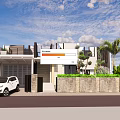 Modern Detached Villa Exterior Design With White Car Garage Palm Tree And Stone Wall