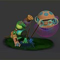 Colorful Mechanical Fantasy Scene With Green Frog Orange Device And Rainbow Colored Bubble On Grass