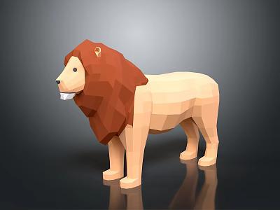 Low Poly 3D Lion Sculpture With Brown Mane Beige Body Standing Reflection Design 3d model