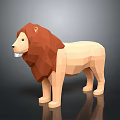 Low Poly 3D Lion Sculpture With Brown Mane Beige Body Standing Reflection Design