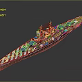 Blue Battleship Featuring Red and White Striped Hull and Multiple Main Turrets 3d model