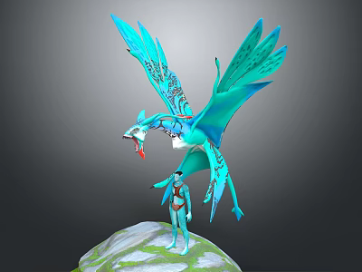 Blue Mythical Winged Creature With Intricate Patterns And Humanoid Character Standing On Rock Platform 3d model
