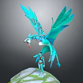 Blue Mythical Winged Creature With Intricate Patterns And Humanoid Character Standing On Rock Platform