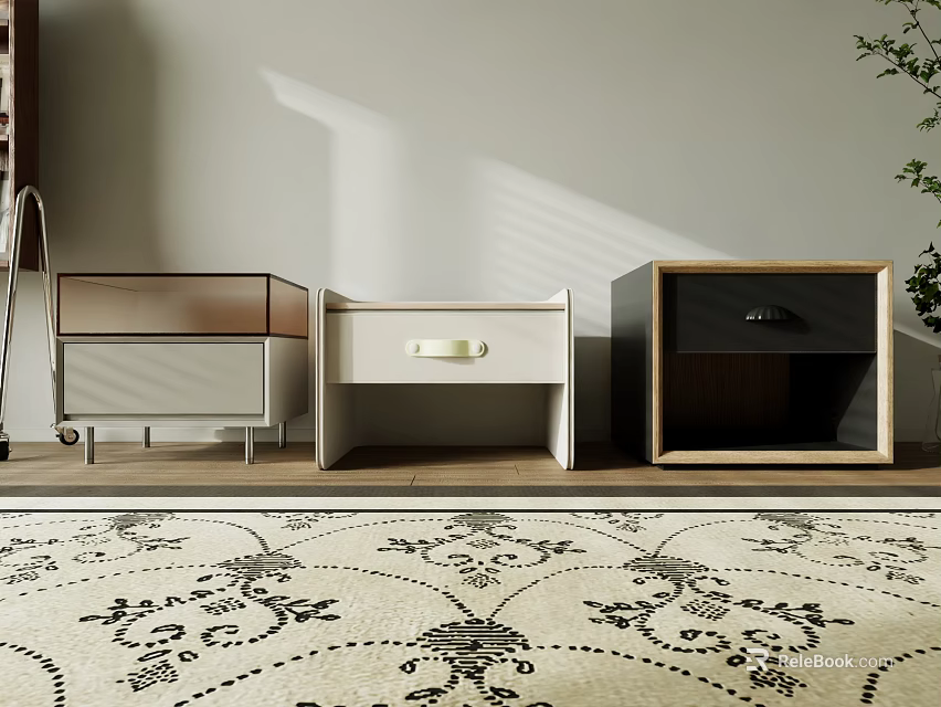 Three Stylish Bedside Tables White Black Brown With Drawers on Wooden Floor Floral Rug 3d model 