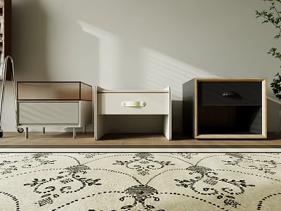 Three Stylish Bedside Tables White Black Brown With Drawers on Wooden Floor Floral Rug 3d model