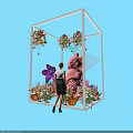 Floral Art Installation With White Cube Frame Pink Bear And Colorful Flowers For Woman Admiring