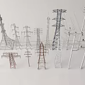 Industrial Electrical Transmission Equipment Featuring High Voltage Towers Utility Poles And Metal Support Structures