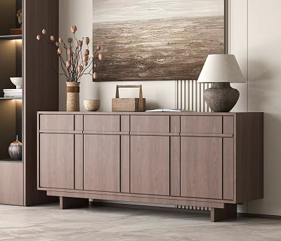 Modern Wooden Entryway Cabinet Sideboard Interior With Decorative Vase Lamp And Storage Design 3d model
