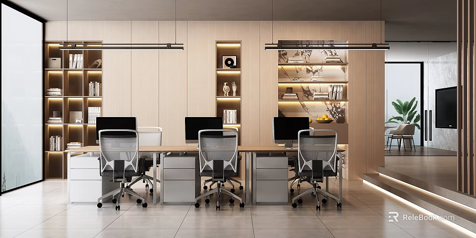 Modern Public Office Space With Office Desks Computers Rolling Chairs And Wooden Bookshelves 3d model 