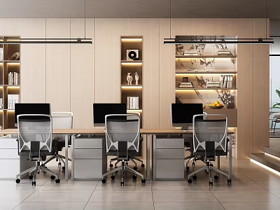 Modern Public Office Space With Office Desks Computers Rolling Chairs And Wooden Bookshelves 3d model