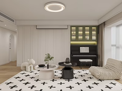 Modern Living Dining Room Interior With Beige Sofa Cross Pattern Rug Green Cabinets And Ceiling Light 3d model