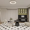 Modern Living Dining Room Interior With Beige Sofa Cross Pattern Rug Green Cabinets And Ceiling Light