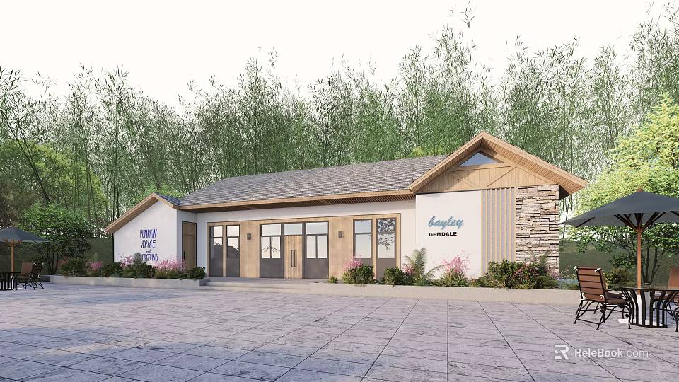 Modern Pet Grooming Salon Exterior Featuring Wooden Siding Stone Wall Gabled Roof Trees And Greenery 3d model 