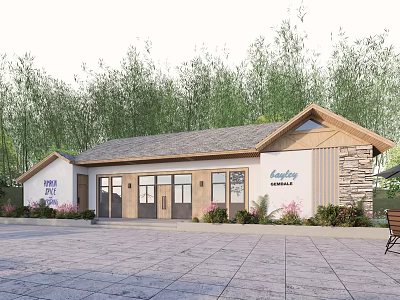 Modern Pet Grooming Salon Exterior Featuring Wooden Siding Stone Wall Gabled Roof Trees And Greenery 3d model