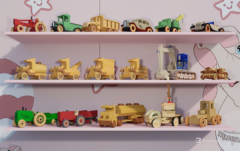 Wooden Building Blocks Toy Vehicles Including Trucks Tractors And Engineering Cars On Pink Shelves 3d model 