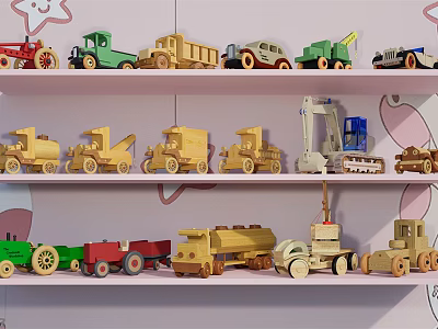 Wooden Building Blocks Toy Vehicles Including Trucks Tractors And Engineering Cars On Pink Shelves 3d model