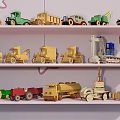 Wooden Building Blocks Toy Vehicles Including Trucks Tractors And Engineering Cars On Pink Shelves