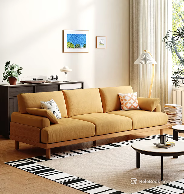 Scandinavian Style Yellow Sofa And Coffee Table Set With Wooden Legs And Striped Rug 3d model 