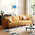 Scandinavian Style Yellow Sofa And Coffee Table Set With Wooden Legs And Striped Rug