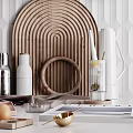 Modern Kitchenware Display On Shelves With Cutting Boards Plates Mugs And Ceramic Bottles