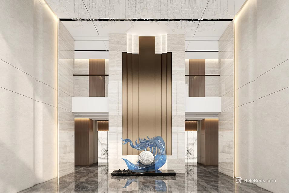 Modern Front Desk Reception Area In Elegant Lobby With Marble Floor And Metal Sculpture 3d model 