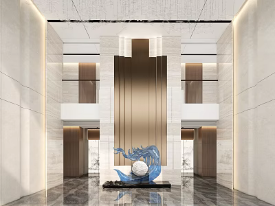 Modern Front Desk Reception Area In Elegant Lobby With Marble Floor And Metal Sculpture 3d model