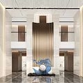 Modern Front Desk Reception Area In Elegant Lobby With Marble Floor And Metal Sculpture