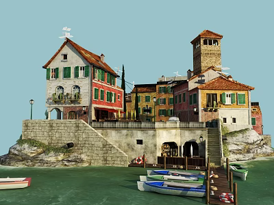 Cartoon Scenic Waterfront Village With Colorful Buildings Tower Stone Walls And Boats 3d model