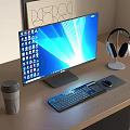 Modern Desktop Computer Setup with Monitor Keyboard Mouse Headphones and Coffee Cup