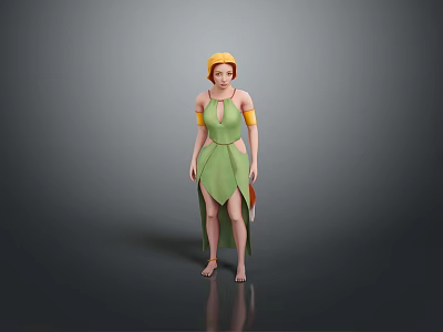 Game And Movie Female 3D Character Wearing Green Leaf Dress With Yellow Headpiece And Sleeves 3d model