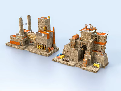 Future Architecture Multi level Industrial Style With Stone Structures Orange Accents And Chimneys 3d model
