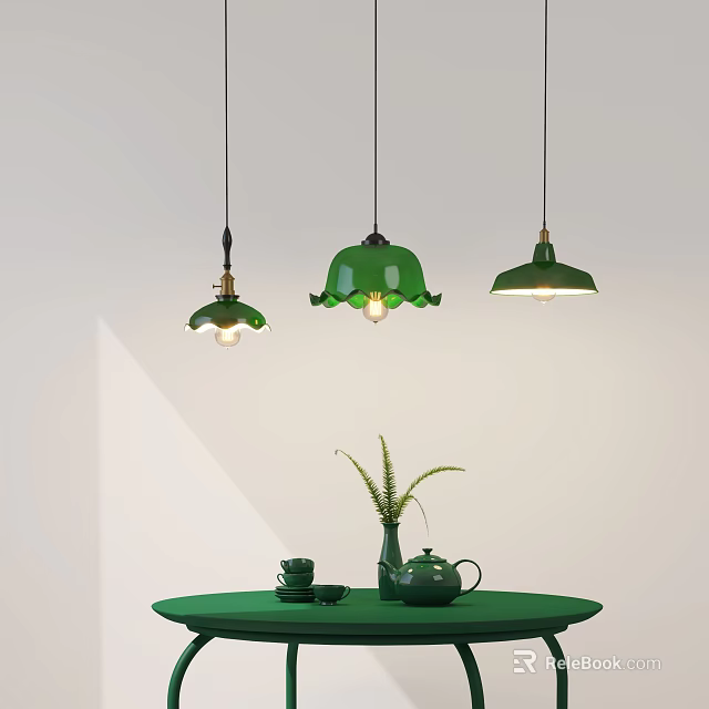 Green Pendant Lights With Floral Bell Shapes Above Green Table With Teapot And Plant 3d model 