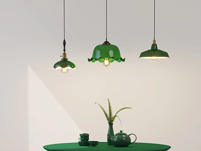 Green Pendant Lights With Floral Bell Shapes Above Green Table With Teapot And Plant 3d model