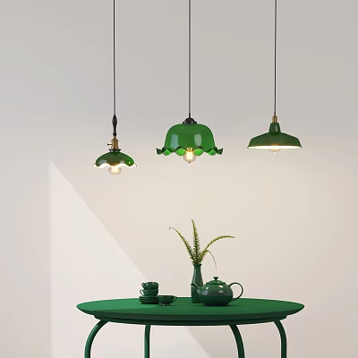 Green Pendant Lights With Floral Bell Shapes Above Green Table With Teapot And Plant 3d model