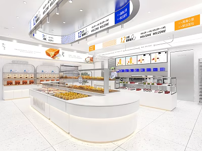 Modern Dessert Shop Interior With Display Counter Fresh Pastries On Shelves And Price Tags 3d model