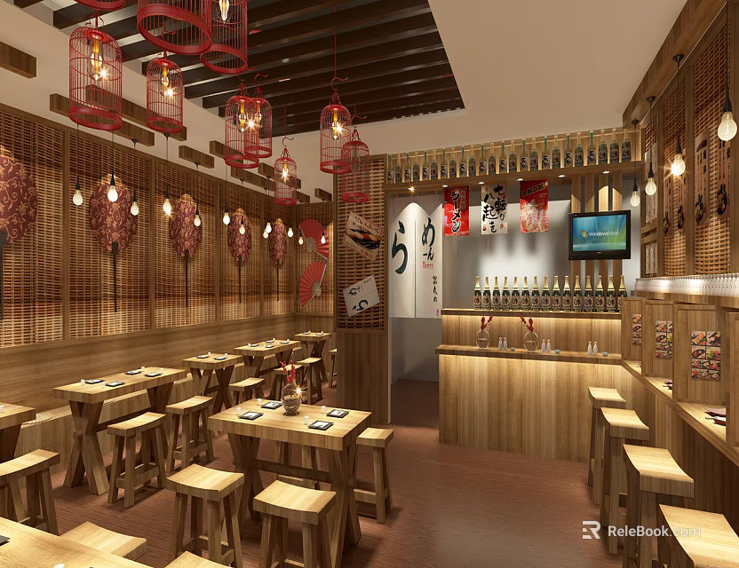 Cozy Wooden Restaurant Interior With Red Lanterns Bar Counter Wine Racks Decorations And TV Screen 3d model 