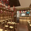 Cozy Wooden Restaurant Interior With Red Lanterns Bar Counter Wine Racks Decorations And TV Screen