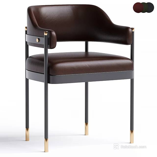 Modern Brown Leather Dining Chair With Black Metal Legs And Gold Accents 3d model 