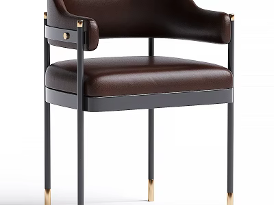 Modern Brown Leather Dining Chair With Black Metal Legs And Gold Accents 3d model