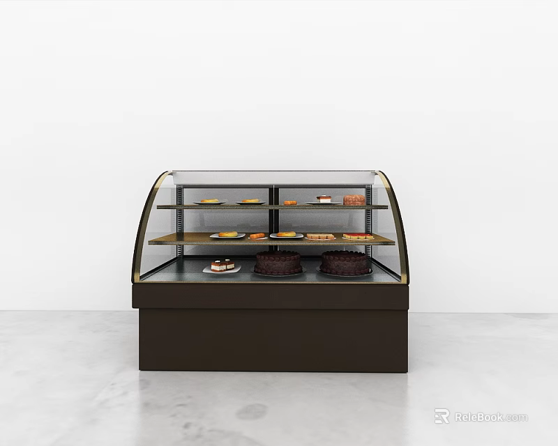 Refrigerated Display Case With Transparent Glass Brown Base And Multiple Dessert Shelves 3d model 