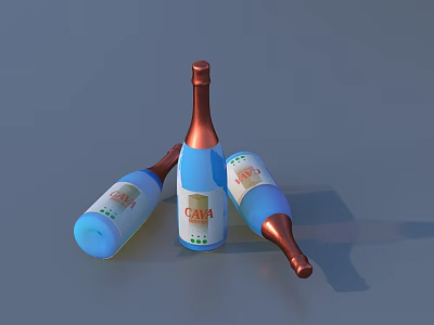 Three Blue Wine Bottles With Copper Caps And CANA Labels On Gray Surface 3d model