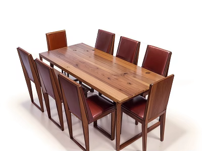 Wooden Dining Table Set With Six Red Leather Chairs And Rectangular Wooden Top 3d model