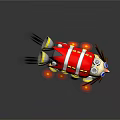 Red Yellow Rocket Ship With Windows Multiple Thrusters And Glowing Orange Flames 3d model