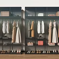 Modern Wardrobe Interior With Hanging Clothes Folded Items Shoes And Storage Boxes 3d model
